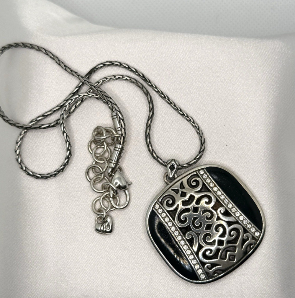 Brighton Shadow Play Reversible Necklace Black Enamel Gold Filigree Crystal 15-1